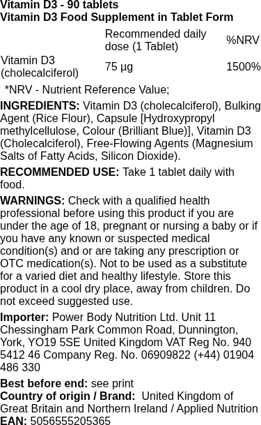 Applied Nutrition – Vitamine D3, 90 tabletten - Afbeelding 2