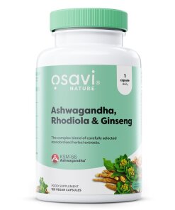 Ashwagandha + Rhodiola & Ginseng – 120 veganska kapslar