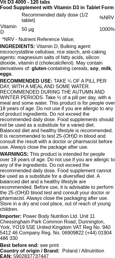 Allnutrition - Vitamine D3 4000, 120 tabletten - Afbeelding 2