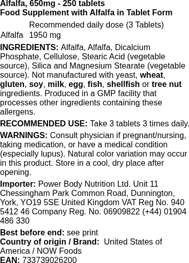 NU Voedingsmiddelen - Alfalfa, 650mg - 500 tabletten - Afbeelding 2