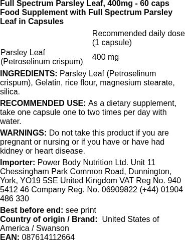 Swanson - Volledig Spectrum Peterselieblad + 400 mg - 60 capsules - Afbeelding 2