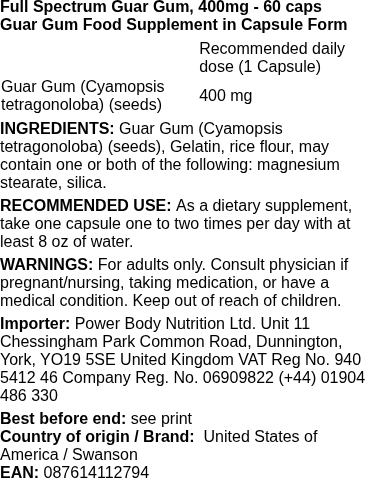 Swanson - Volledig spectrum Guargom, 400 mg - 60 capsules - Afbeelding 2
