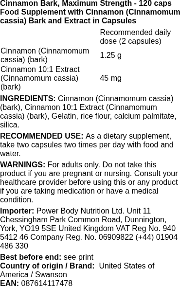 Swanson - Kaneelbast, Maximale Sterkte - 120 capsules - Afbeelding 2