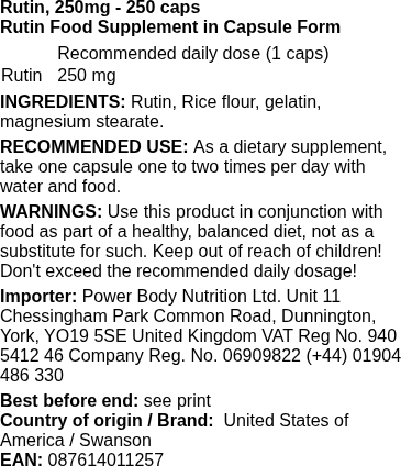 Swanson - Rutine, 250mg - 250 capsules - Afbeelding 2