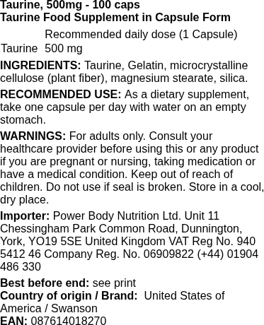 Swanson - Taurine, 500 mg - 100 capsules
(Note: "kapsler" means "capsules" in Dutch) - Afbeelding 2