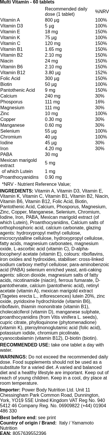 Yamamoto Nutrition - Multivitamin + 60 tabletter